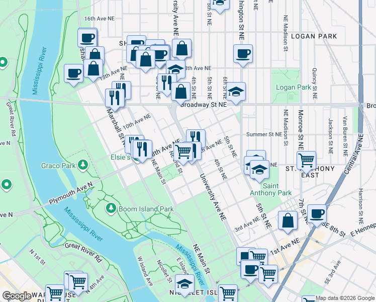 map of restaurants, bars, coffee shops, grocery stores, and more near 221 7th Avenue Northeast in Minneapolis