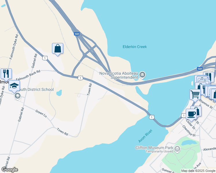 map of restaurants, bars, coffee shops, grocery stores, and more near 2037 Nova Scotia Trunk 1 in Falmouth