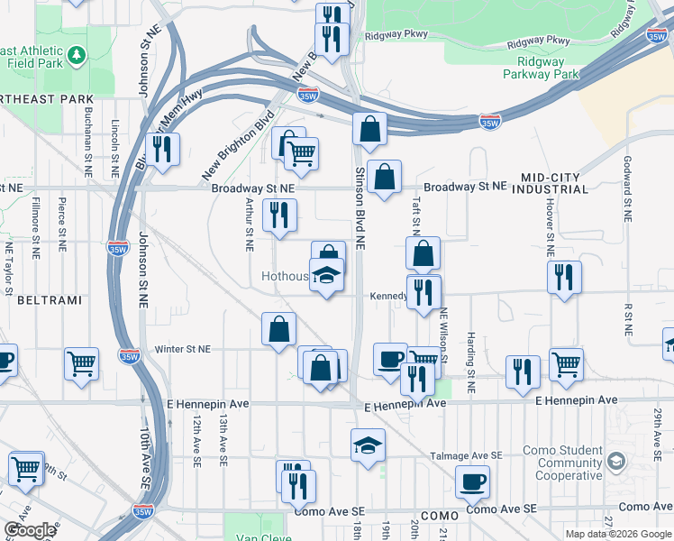 map of restaurants, bars, coffee shops, grocery stores, and more near 607 McKinley Pl NE in Minneapolis