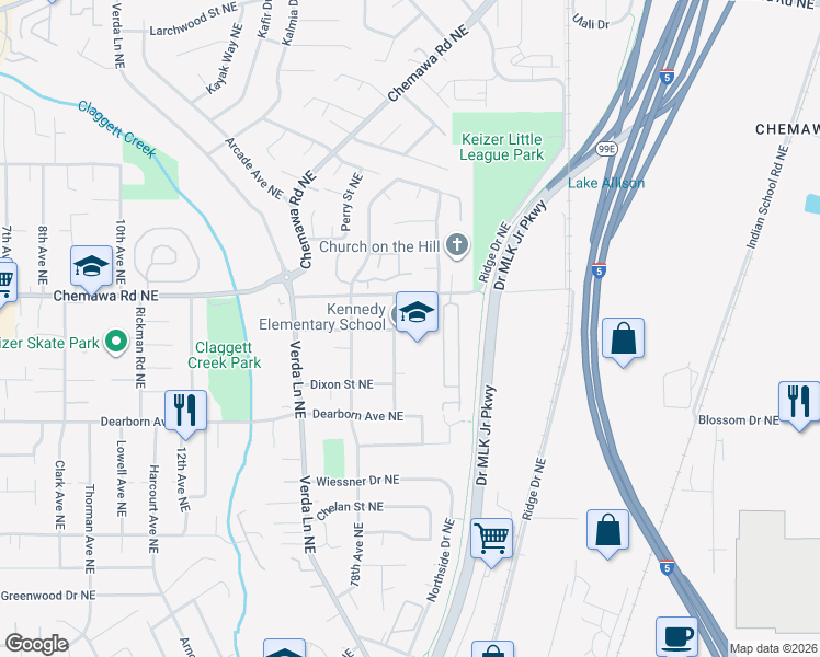 map of restaurants, bars, coffee shops, grocery stores, and more near 4912 Noren Avenue Northeast in Keizer