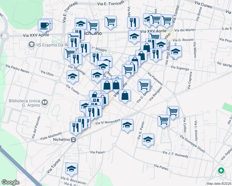map of restaurants, bars, coffee shops, grocery stores, and more near 6 Via Sauro Nazario in Nichelino