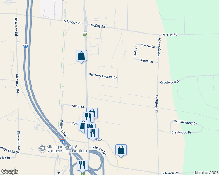 map of restaurants, bars, coffee shops, grocery stores, and more near 300-346 Warmer-Tag Drive in Gaylord