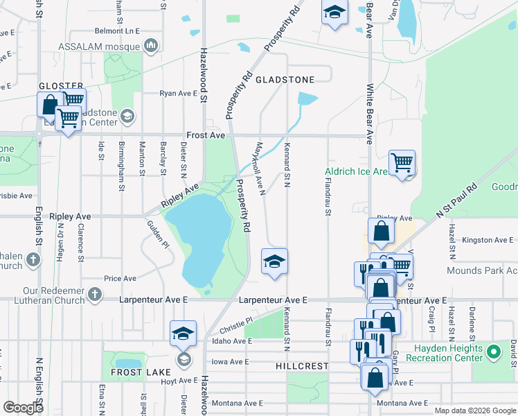 map of restaurants, bars, coffee shops, grocery stores, and more near 1798 Maryknoll Avenue North in Maplewood
