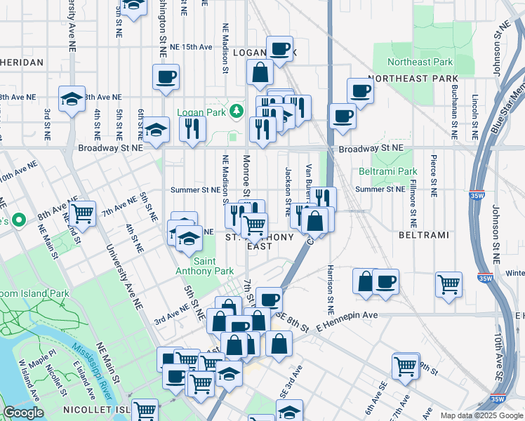 map of restaurants, bars, coffee shops, grocery stores, and more near 617 Monroe Street Northeast in Minneapolis