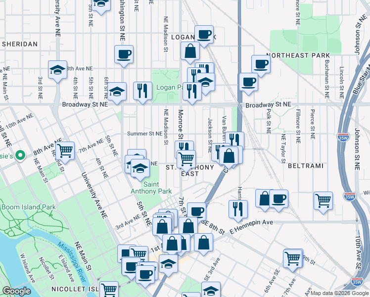 map of restaurants, bars, coffee shops, grocery stores, and more near 617 Monroe Street Northeast in Minneapolis
