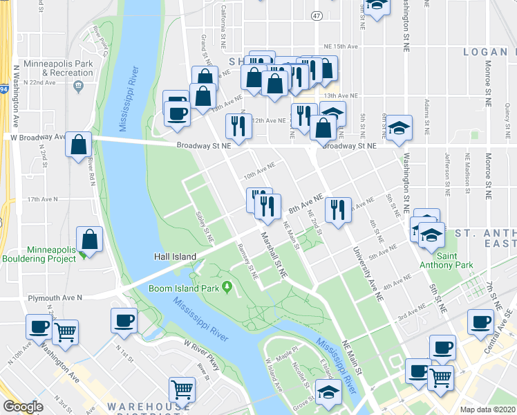map of restaurants, bars, coffee shops, grocery stores, and more near in Minneapolis