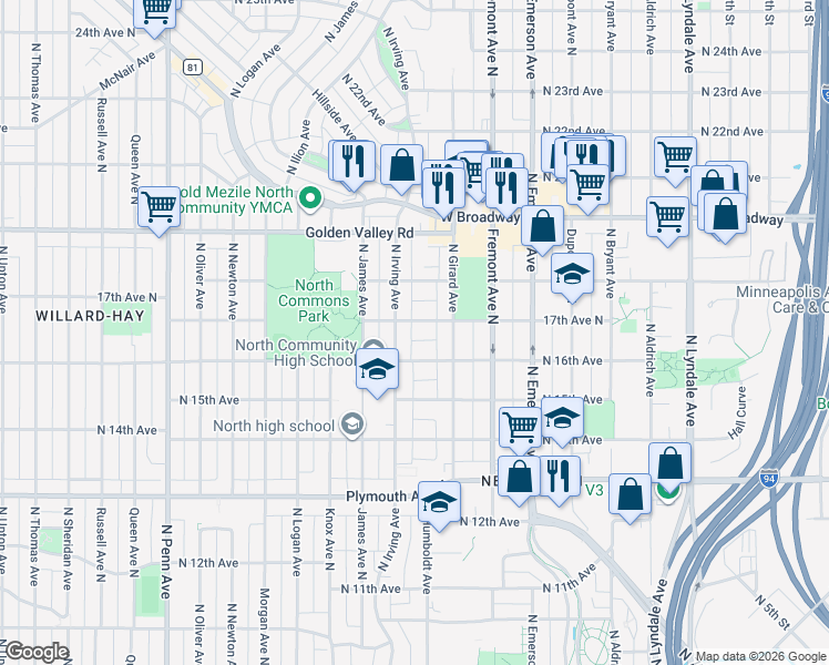 map of restaurants, bars, coffee shops, grocery stores, and more near 1406 North 16th Avenue in Minneapolis