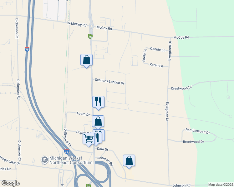map of restaurants, bars, coffee shops, grocery stores, and more near 300-346 Warmer-Tag Drive in Gaylord
