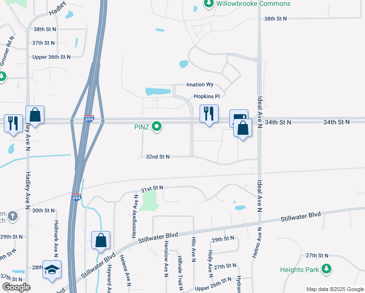 map of restaurants, bars, coffee shops, grocery stores, and more near 7520 32nd Street North in Oakdale