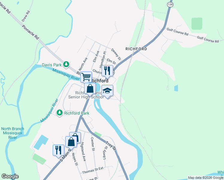 map of restaurants, bars, coffee shops, grocery stores, and more near 65 Eastern Avenue in Richford