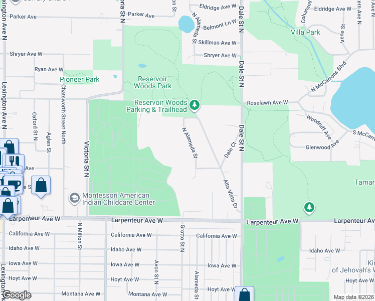 map of restaurants, bars, coffee shops, grocery stores, and more near 1807 North Alameda Street in Roseville