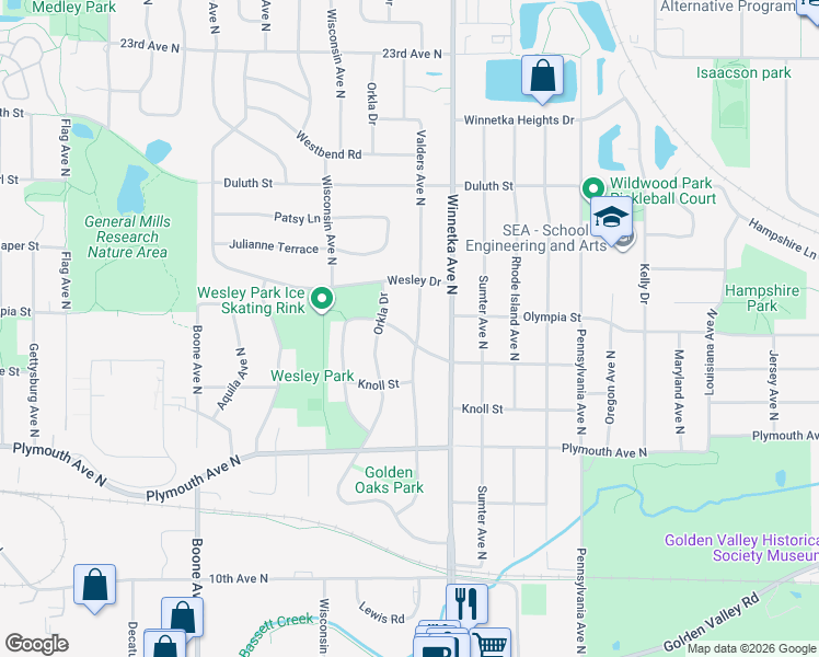 map of restaurants, bars, coffee shops, grocery stores, and more near 8015 Winsdale Street North in Minneapolis