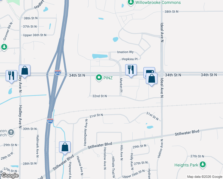 map of restaurants, bars, coffee shops, grocery stores, and more near 7570 32nd Street North in Oakdale