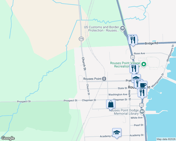 map of restaurants, bars, coffee shops, grocery stores, and more near 31 Church Street in Rouses Point