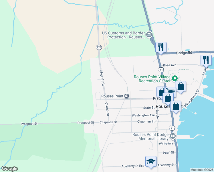 map of restaurants, bars, coffee shops, grocery stores, and more near 31 Church St in Rouses Point