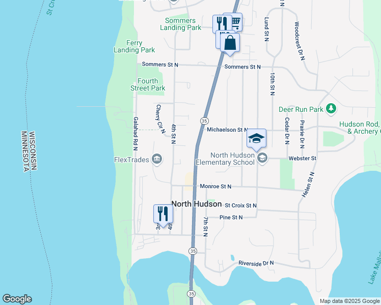 map of restaurants, bars, coffee shops, grocery stores, and more near 523 6th Street North in Hudson