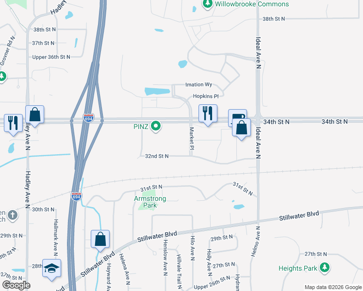 map of restaurants, bars, coffee shops, grocery stores, and more near 7520 32nd Street North in Oakdale