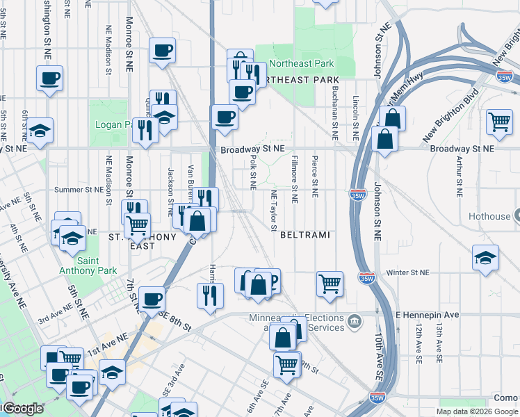 map of restaurants, bars, coffee shops, grocery stores, and more near 614 Spring Street Northeast in Minneapolis