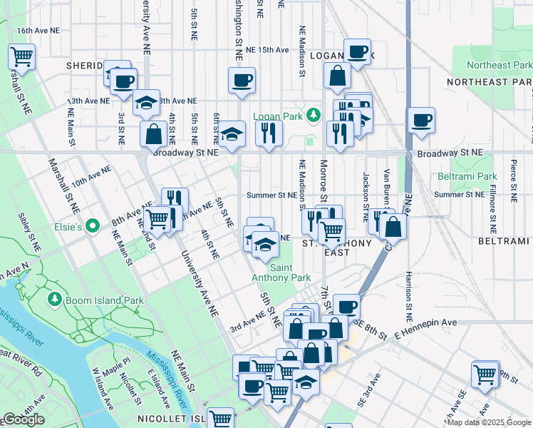 map of restaurants, bars, coffee shops, grocery stores, and more near 612 Adams Street Northeast in Minneapolis