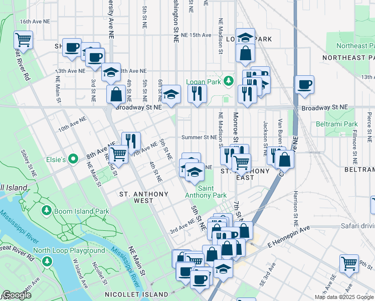 map of restaurants, bars, coffee shops, grocery stores, and more near 612 Adams Street Northeast in Minneapolis