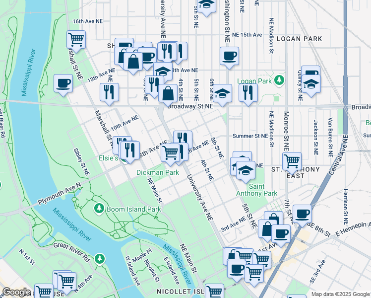 map of restaurants, bars, coffee shops, grocery stores, and more near 622 University Avenue Northeast in Minneapolis