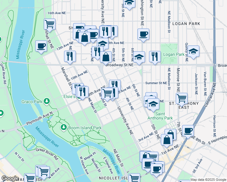 map of restaurants, bars, coffee shops, grocery stores, and more near 622 University Avenue Northeast in Minneapolis