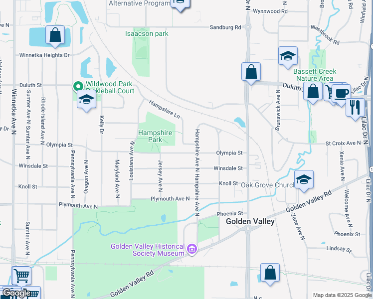 map of restaurants, bars, coffee shops, grocery stores, and more near 6745 Olympia Street in Minneapolis