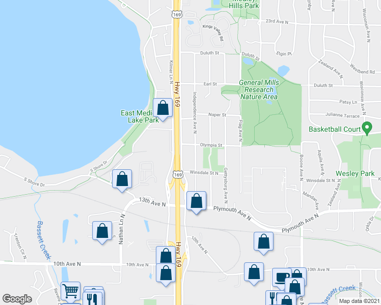 map of restaurants, bars, coffee shops, grocery stores, and more near 1508 Independence Avenue North in Minneapolis