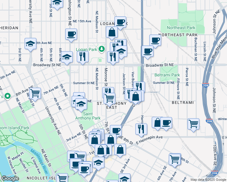 map of restaurants, bars, coffee shops, grocery stores, and more near 632 Quincy Street Northeast in Minneapolis
