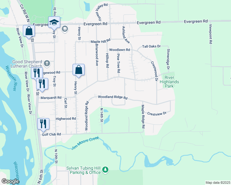 map of restaurants, bars, coffee shops, grocery stores, and more near 1505 Woodland Ridge Road in Wausau