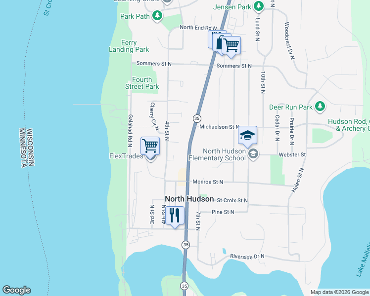 map of restaurants, bars, coffee shops, grocery stores, and more near 535 6th Street North in Hudson