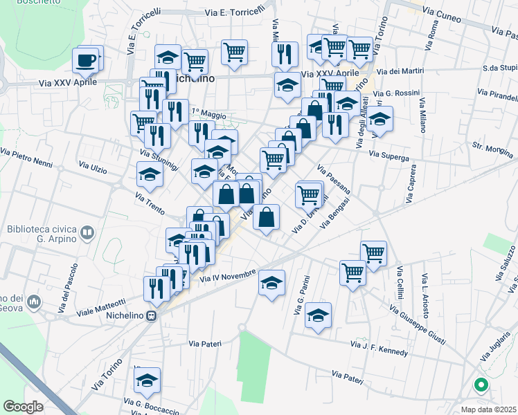 map of restaurants, bars, coffee shops, grocery stores, and more near 6 Via Sauro Nazario in Nichelino
