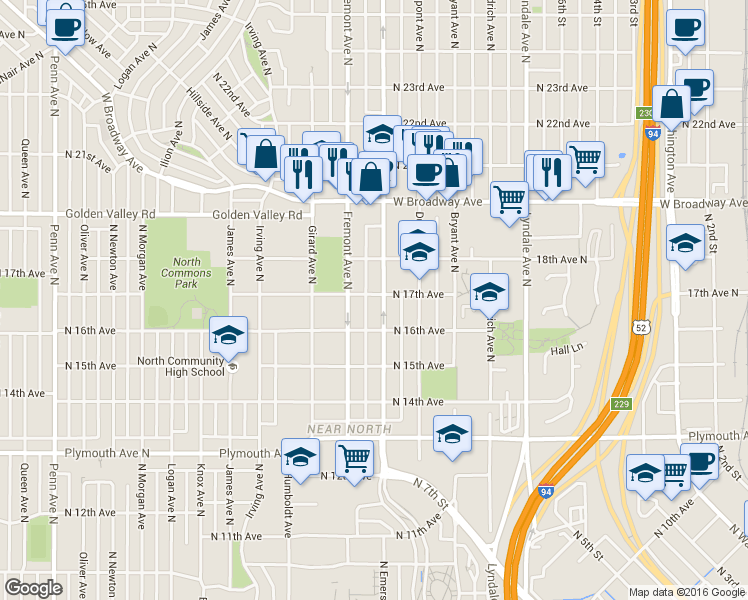 map of restaurants, bars, coffee shops, grocery stores, and more near 1604 Emerson Avenue North in Minneapolis