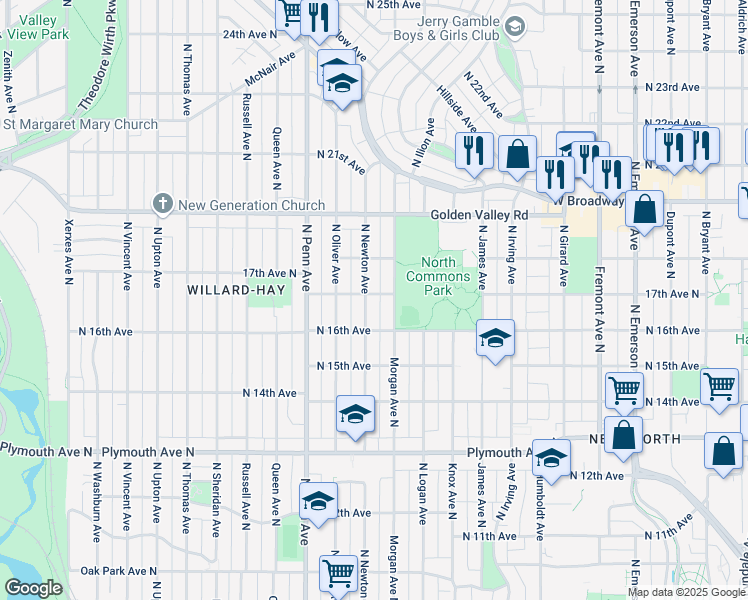map of restaurants, bars, coffee shops, grocery stores, and more near 1607 North Newton Avenue in Minneapolis
