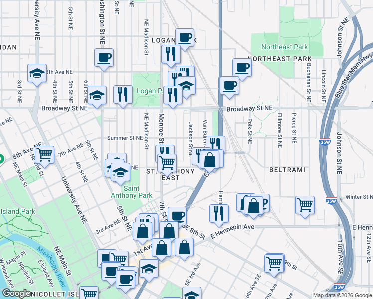 map of restaurants, bars, coffee shops, grocery stores, and more near 612 Northeast Jackson Street in Minneapolis