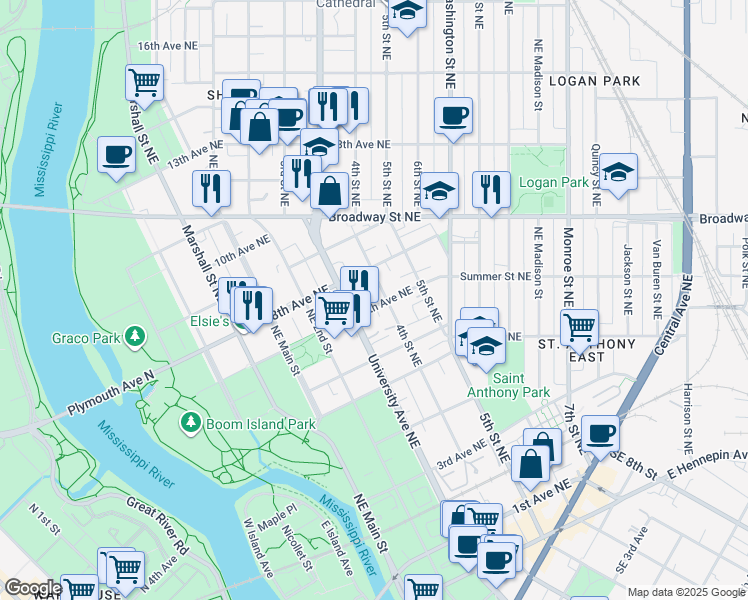 map of restaurants, bars, coffee shops, grocery stores, and more near 622 University Avenue Northeast in Minneapolis