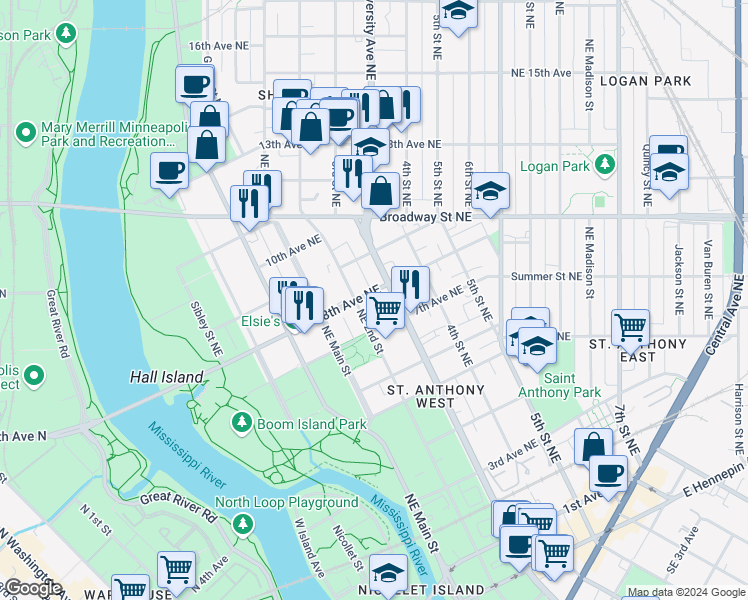 map of restaurants, bars, coffee shops, grocery stores, and more near 221 7th Avenue Northeast in Minneapolis