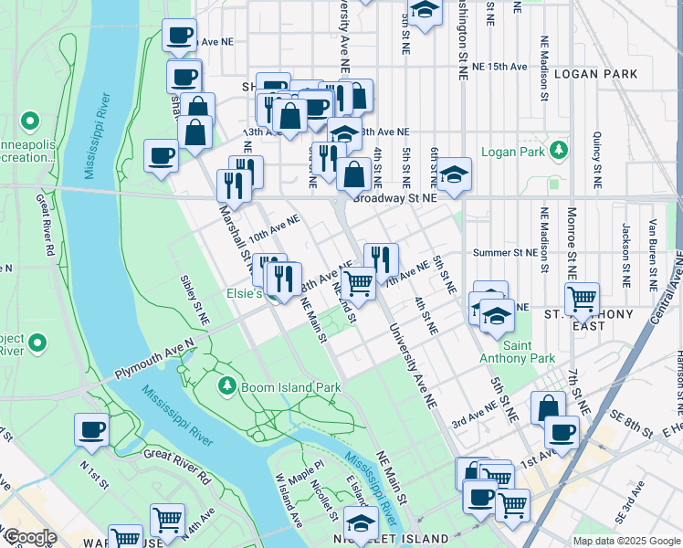 map of restaurants, bars, coffee shops, grocery stores, and more near 710 Northeast 2nd Street in Minneapolis