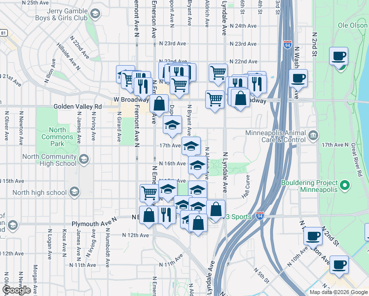 map of restaurants, bars, coffee shops, grocery stores, and more near 904 North 16th Avenue in Minneapolis