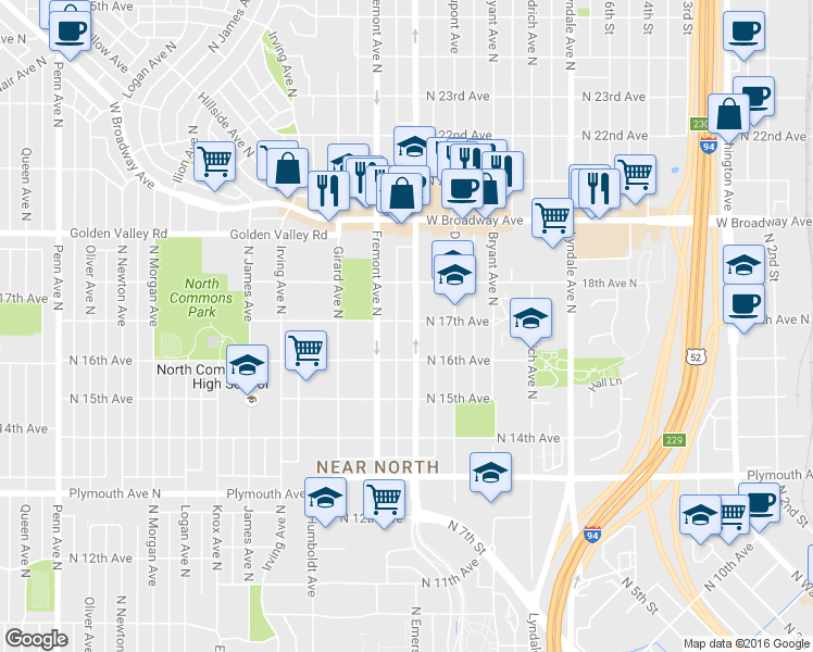 map of restaurants, bars, coffee shops, grocery stores, and more near 1604 Emerson Avenue North in Minneapolis