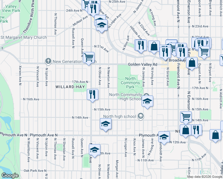 map of restaurants, bars, coffee shops, grocery stores, and more near 1607 North Newton Avenue in Minneapolis