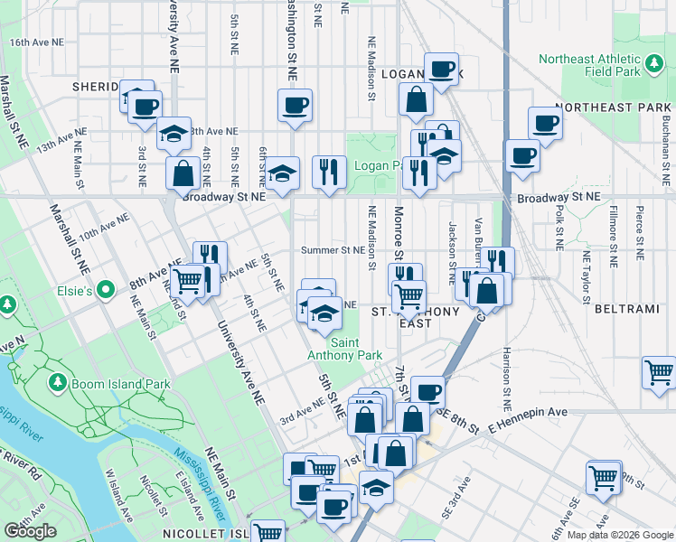 map of restaurants, bars, coffee shops, grocery stores, and more near 612 Jefferson Street Northeast in Minneapolis