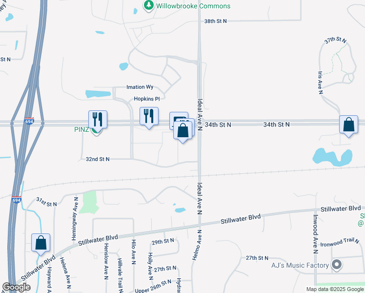 map of restaurants, bars, coffee shops, grocery stores, and more near 7900 32nd Street North in Oakdale