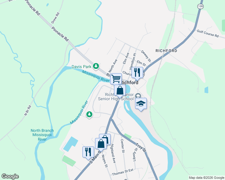 map of restaurants, bars, coffee shops, grocery stores, and more near 29 Powell Street in Richford