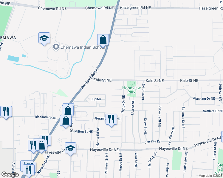 map of restaurants, bars, coffee shops, grocery stores, and more near Blazing Star Court Northeast in Salem