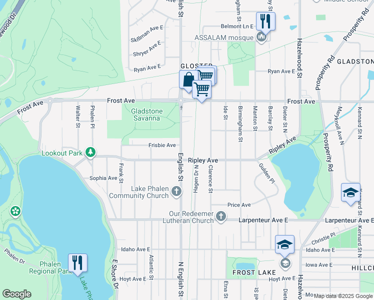 map of restaurants, bars, coffee shops, grocery stores, and more near 1840 English Street in Maplewood