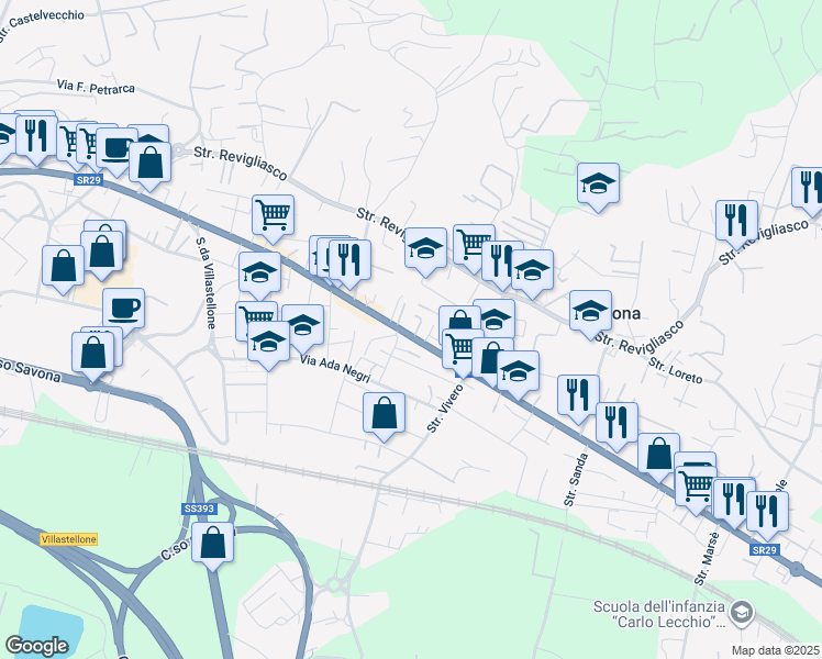 map of restaurants, bars, coffee shops, grocery stores, and more near 20 Via Fratelli Cervi in Moncalieri