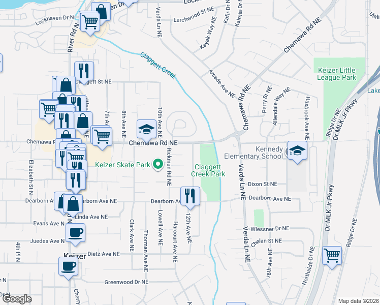 map of restaurants, bars, coffee shops, grocery stores, and more near 1118 Chemawa Loop Northeast in Keizer