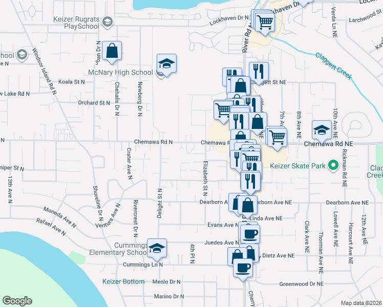 map of restaurants, bars, coffee shops, grocery stores, and more near 442 Chemawa Road North in Keizer