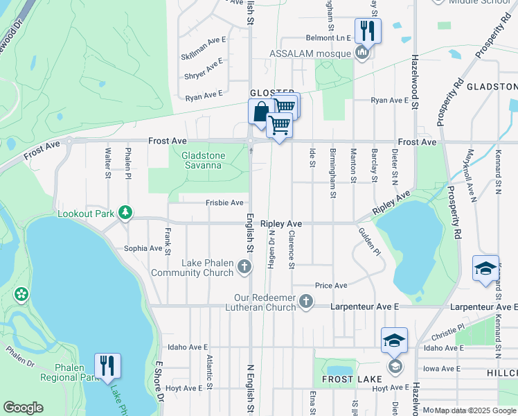 map of restaurants, bars, coffee shops, grocery stores, and more near 1840 English Street in Maplewood
